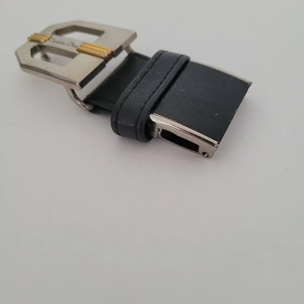 Christian Dior Silver Black Leather Metal Belt Buckle Replacement Slim Vintage‎